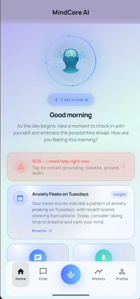 MindCore AI mental health app screenshot — mood tracking and AI chat on Android